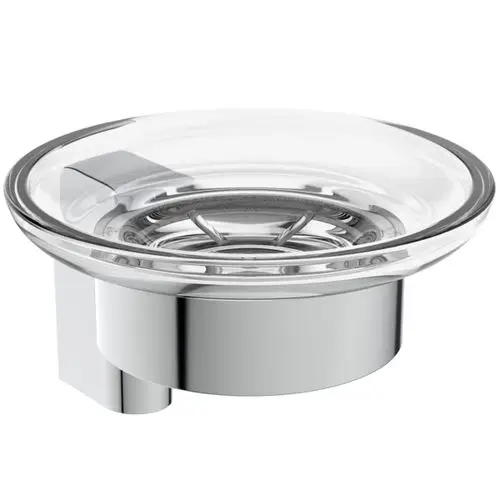 Seifenschale aus Glas mit glänzendem Chromhalter, hergestellt von Ideal Standard. Die Schale hat eine runde Form und eine eingelassene Struktur.